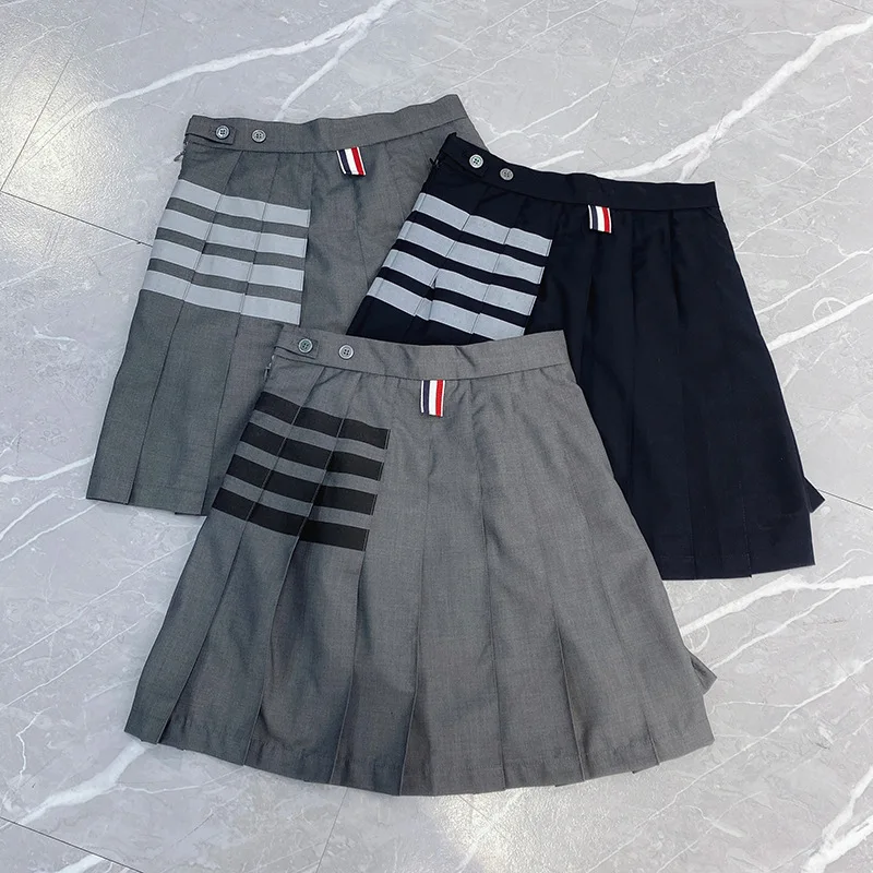 

High Quality Korean Style TB Pleated Skirt Short Front Back Asymmetrical Suit High Waist Four Bar Grey A-Line Slim Skirt