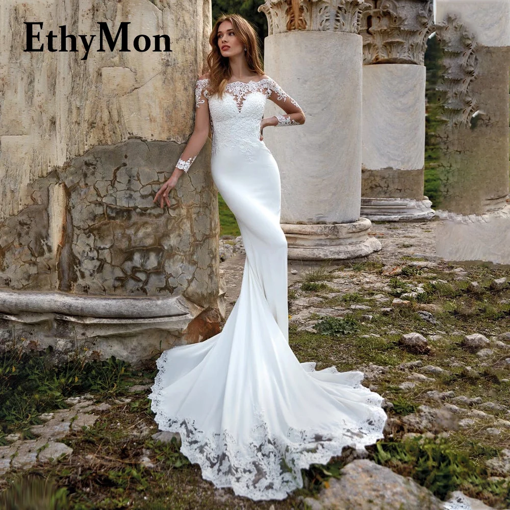 

Ethymon Vintage Full Sleeve Button Boat Neck Court Train Mermaid Wedding Dresses 2023 Appliques Robe De Mariée Made To Order