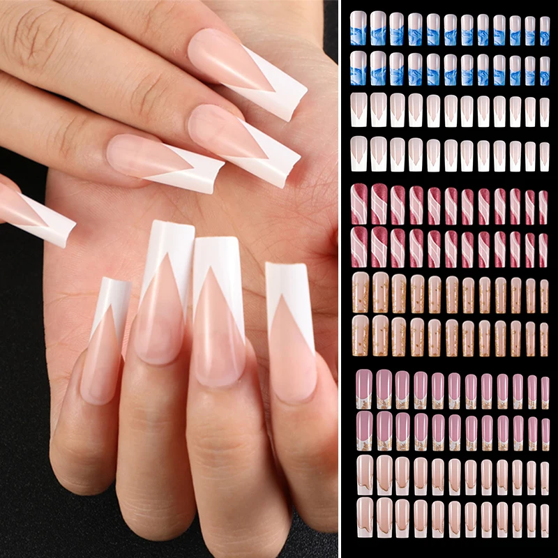 

Nude White French Long Nails Press On Tips Full Cover Straight Square Glossy Gel False Artificial Nails Set Manicure Tools