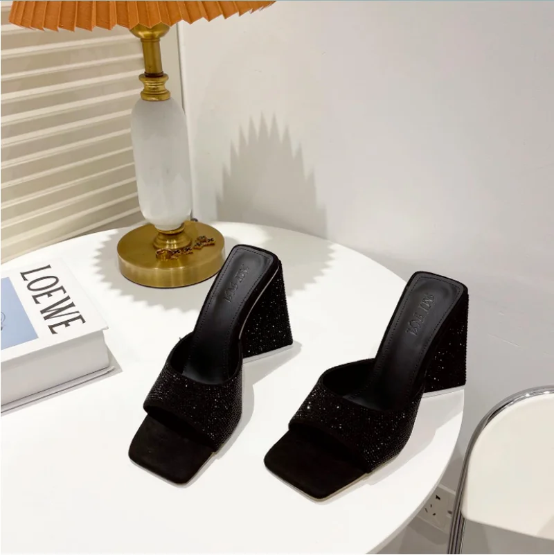 New Summer Triangle Thick Heel Slippers Sexy Street Woman Square Toes Dress Party Shoes Size 35-41 Slippers Women Women Shoes