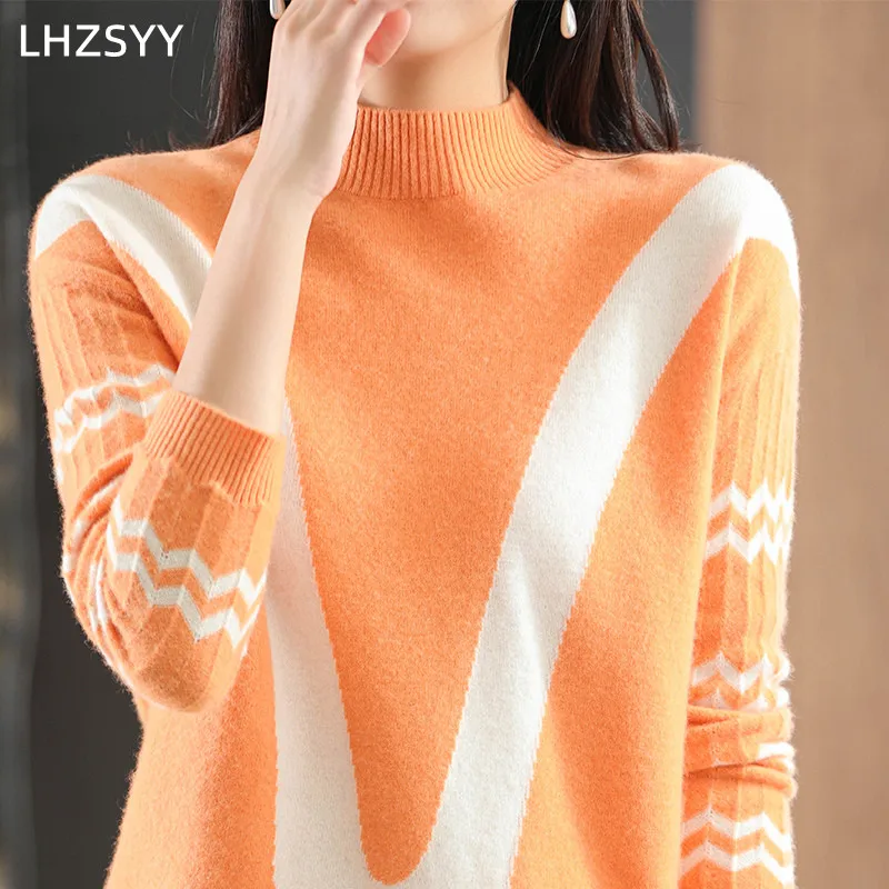

100Pure Wool Sweater Women Color-Block Jumper Spring Fashion Tops Cashmere Knit Sweater Large size Pullovers Loose Ladies Jacket