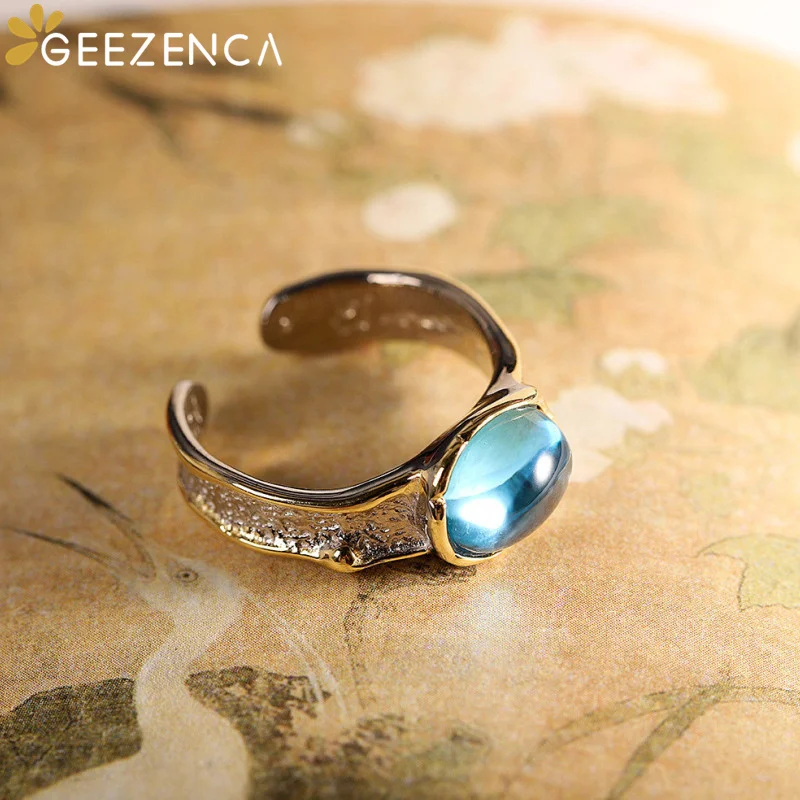 

GEEZENCA Simple 925 Sterling Silver Natural Topaz Open Rings For Women 2022 Summer Minimalism Blue Gemstone Cocktail Ring Gift