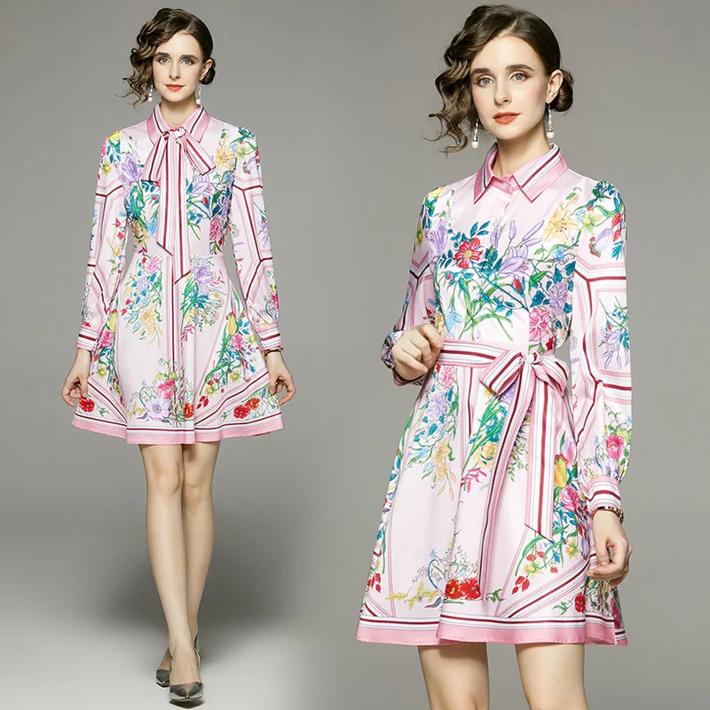

Women's Autumn and Winter New High End Temperament Polo Collar Long Sleeve Single Breasted Lace Up Waist Drawing Fashion Dress