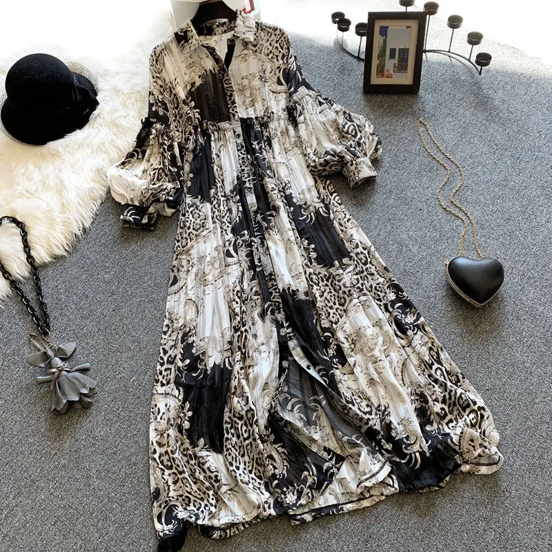 

Женское винтажное шифоновое платье с длинным рукавом-фонариком и леопардовым принтом, повседневное свободное корейское Модное Длинное Платье до середины икры с отложным воротником