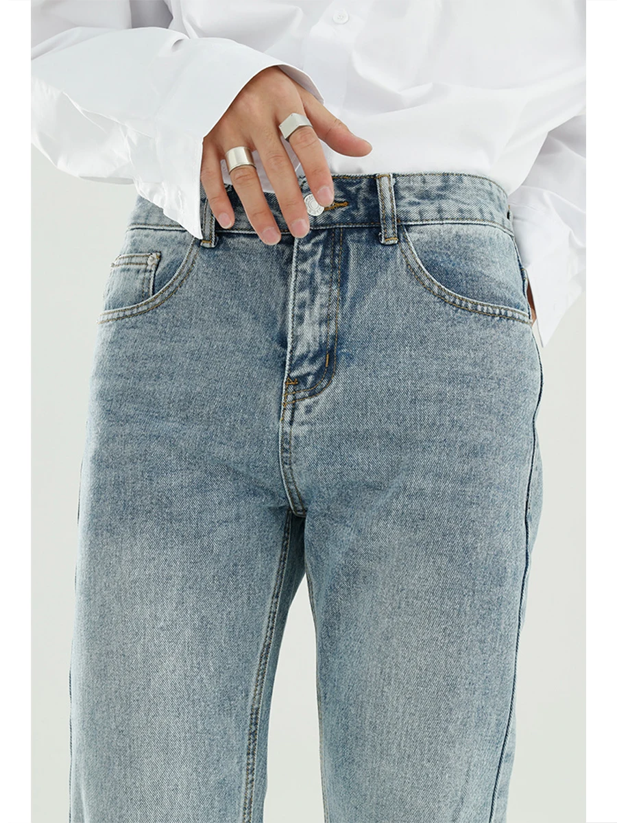 Four Seasons Men's Workwear Jeans Korean Version Straight Hole Micro-Flare Loose Men's and Women Fashion Streetwear Ins Hot Sale