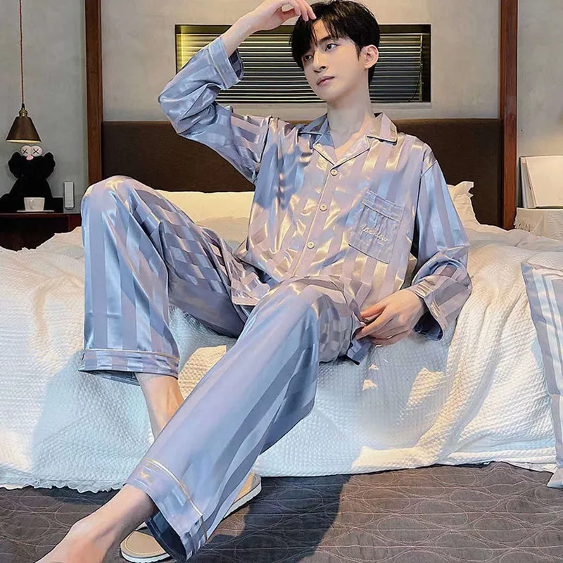 Men Pyjama Set Autumn Long Sleeves Home Clothes for Man Anime ONE PIECE Luff Thin Pajamas Satin Silk Home Wear Stripe Sleepwear