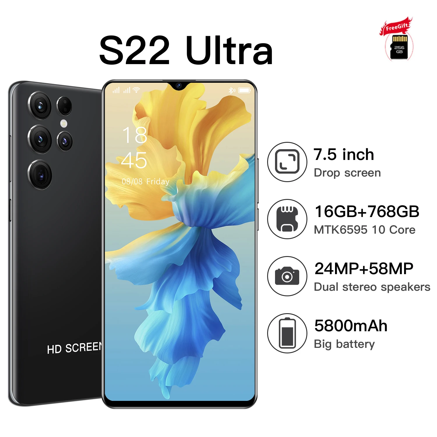 

Смартфон глобальная версия S22 Ultra 16 + 768 ГБ 7,5 ''HD экран разблокированный смартфон Android 11 разблокированный две Sim-карты мобильные телефоны GPS