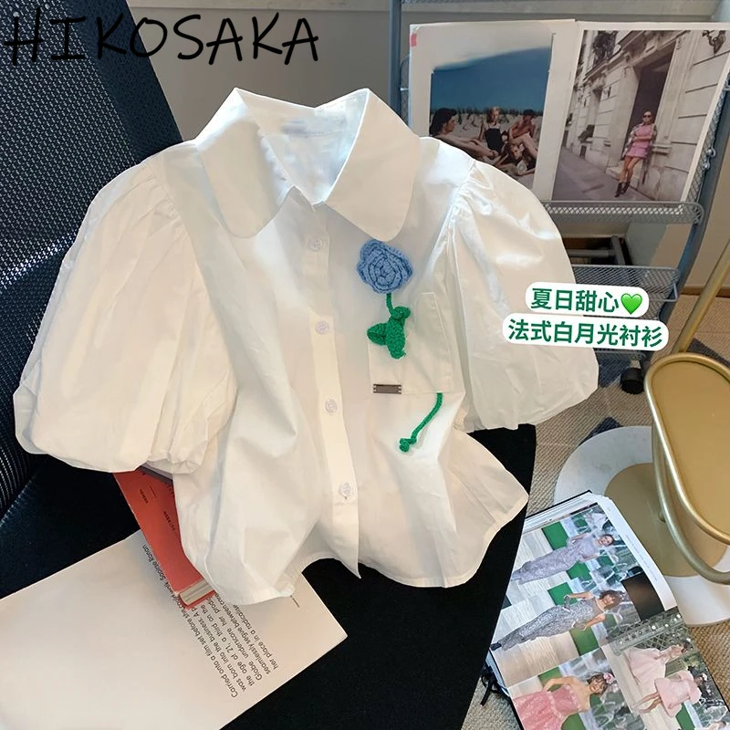 Простые рубашки Ehite блузка с отложным воротником и пышными рукавами Корейская