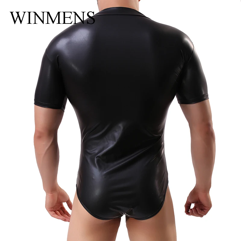 Черный мужской слитный боди из искусственной кожи для взрослых облегающая