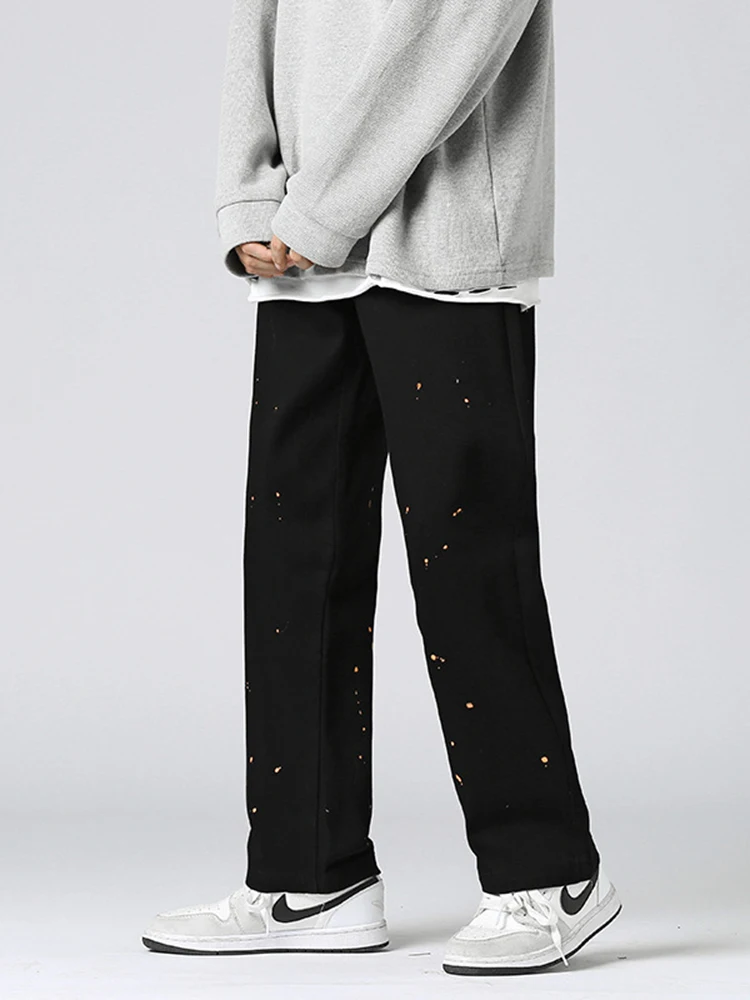Men's Street Clothing: Black Loose Jeans with Retro Pattern and Casual Straight Cut | Stylish and Comfortable Y2K Baggy Pants