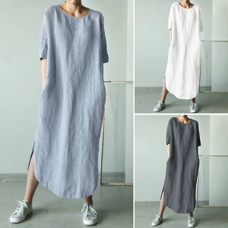 

2022 Women O Neck Short Sleeve Sundress Summer Solid Cotton Linen Dress Split Long Vestido Female Robe Casual Party Dress