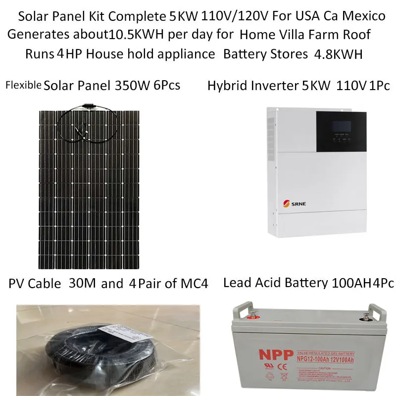 Flexible Solar Panel Kit Complete 5000W 5KW 110v 220V Battery UPS MPPT Hybrid Inverter Car Camping Caravan Lighting Home TV Rv