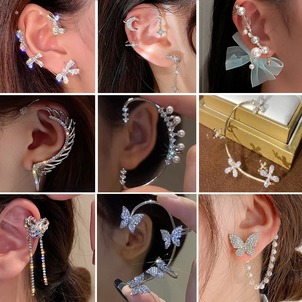 

10Pcs/Lot Fashion No Piercing Crystal Metal Butterfly Ear Cuff Ear-Hook Clip Jewelry For Women Engagement Wedding Mix Style Gift