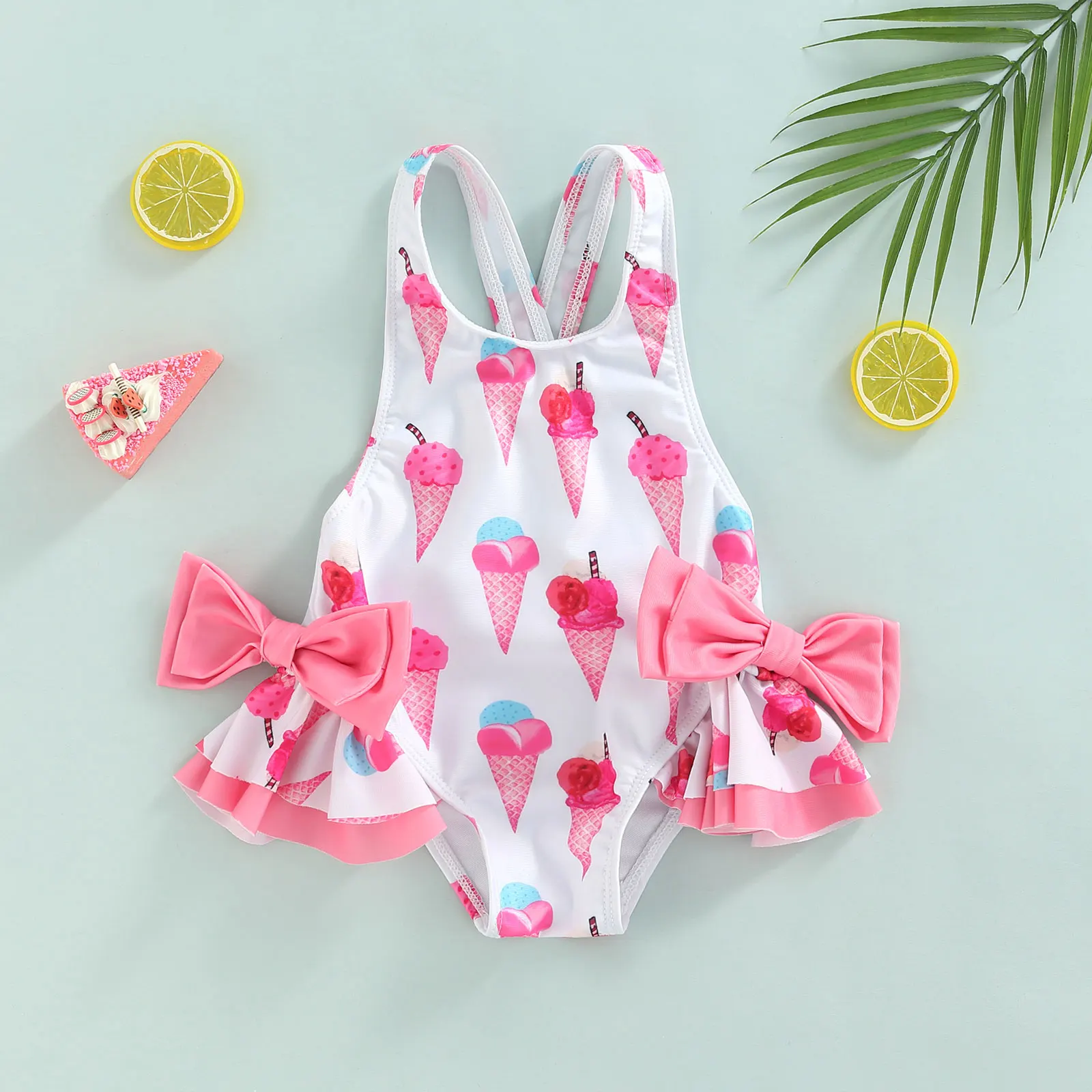 

Toddler Kid Girls Swimwear Ice Cream Cake Print Bow Swimsuit Summer Children Beachwear Bathing Suit D01