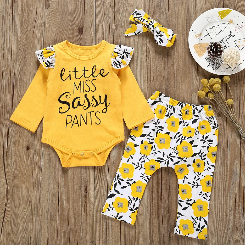

Spring Newborn Baby Girls Clothing Long Sleeve Letter Romper Floral Print Pants Bow Headband Set For 0-24M Infant Outfit