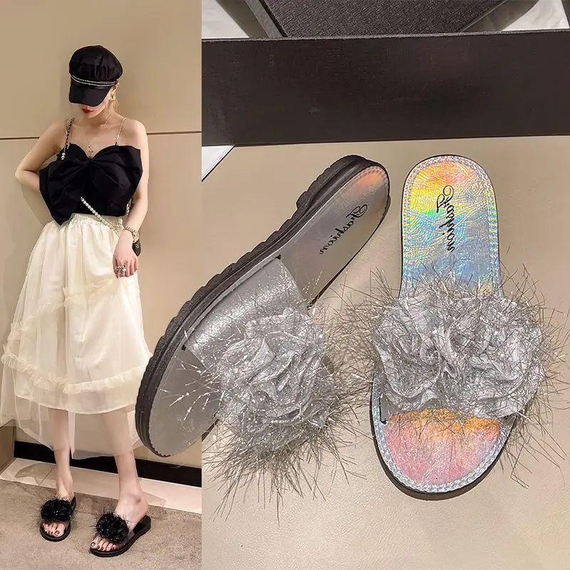 

Slides Black Sandals Open Toe Shoes for Women 2023 Outside Summer Fluffy Woman Slippers Fuzzy Furry Low Heel I H Sandal Normal W