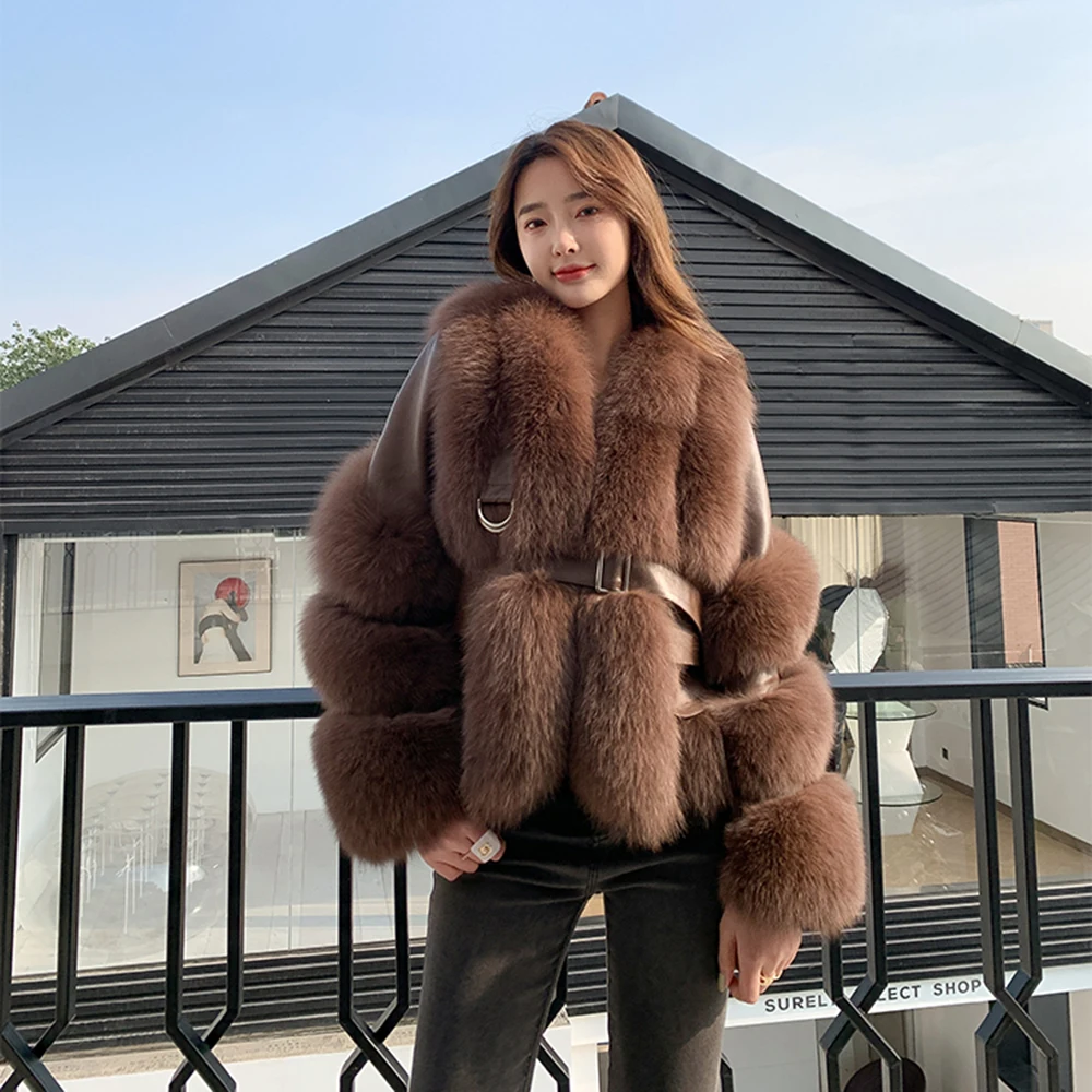 Women's Genuine Sheepskin Leather Jackets With Fox Fur Winter Thick Warm Fashion Ladies Coats Luxury Fluffy Short Overcoats