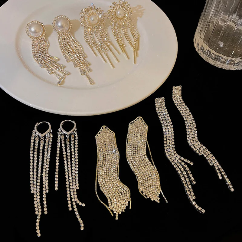 

Винтажные циркониевые серьги с кисточками для женщин, роскошные длинные серьги, блестящие серьги для выпускного вечера, цветочные аксессуа...