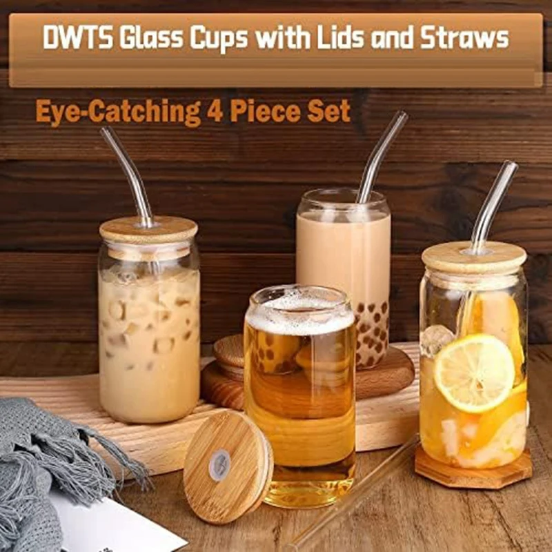 

4 Piece Glass Cups 16Oz As Shown Glass Cups With Lids And Straws Coffee Cups Drinking Glasses