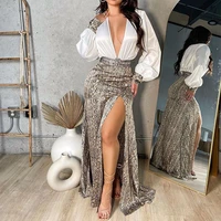womens dress deep v neck contrast color stitching long sleeved split banquet dress autumn spring new fashion sexy party dress