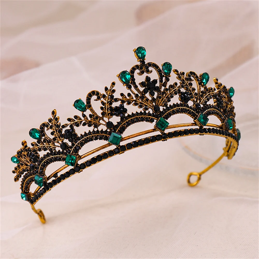 

Baroque Crowns Bride Tiaras Headdress Black Green Rhinestone Hairbands Crown Princess Party Headpiece Wedding Hair Accessories=
