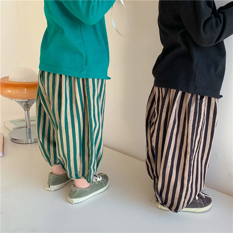 

2023 Spring Kids Cotton Linen Loose Bloomers Children Fashion Vertical Stripe Trousers Korean Children's Clothing Spring New