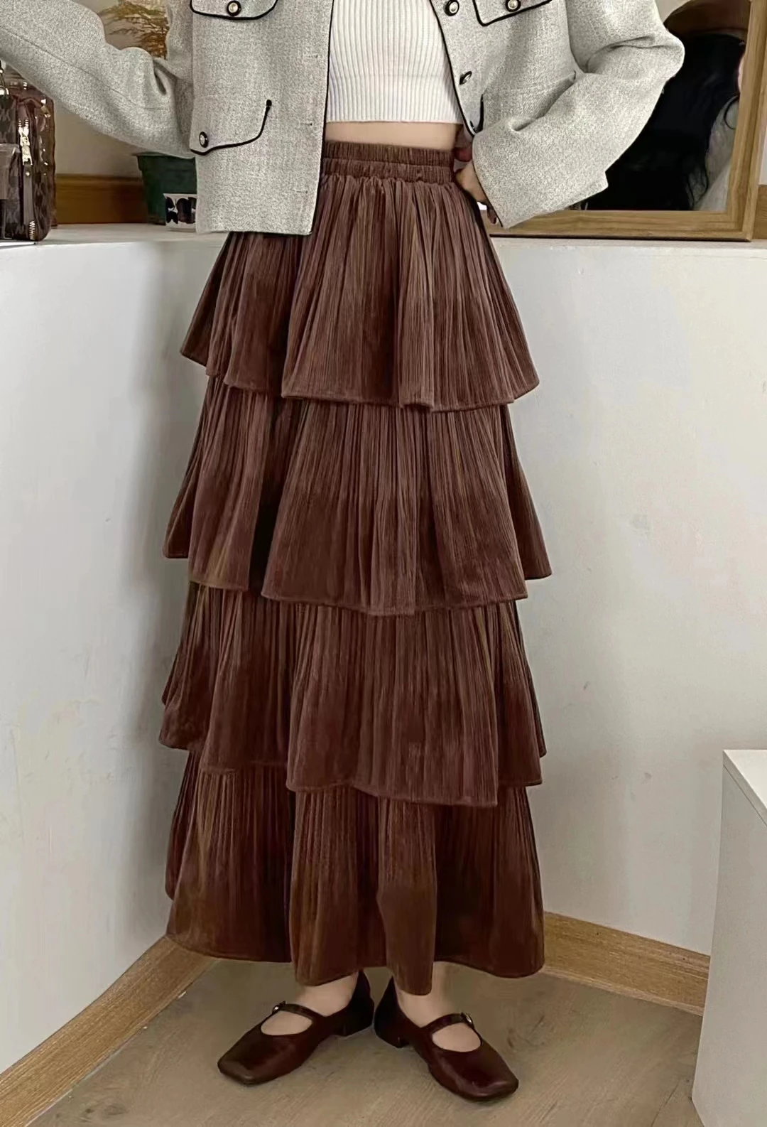 Новинка 2023 осенне-зимняя женская юбка с завышенной талией яркая теплая бархатная