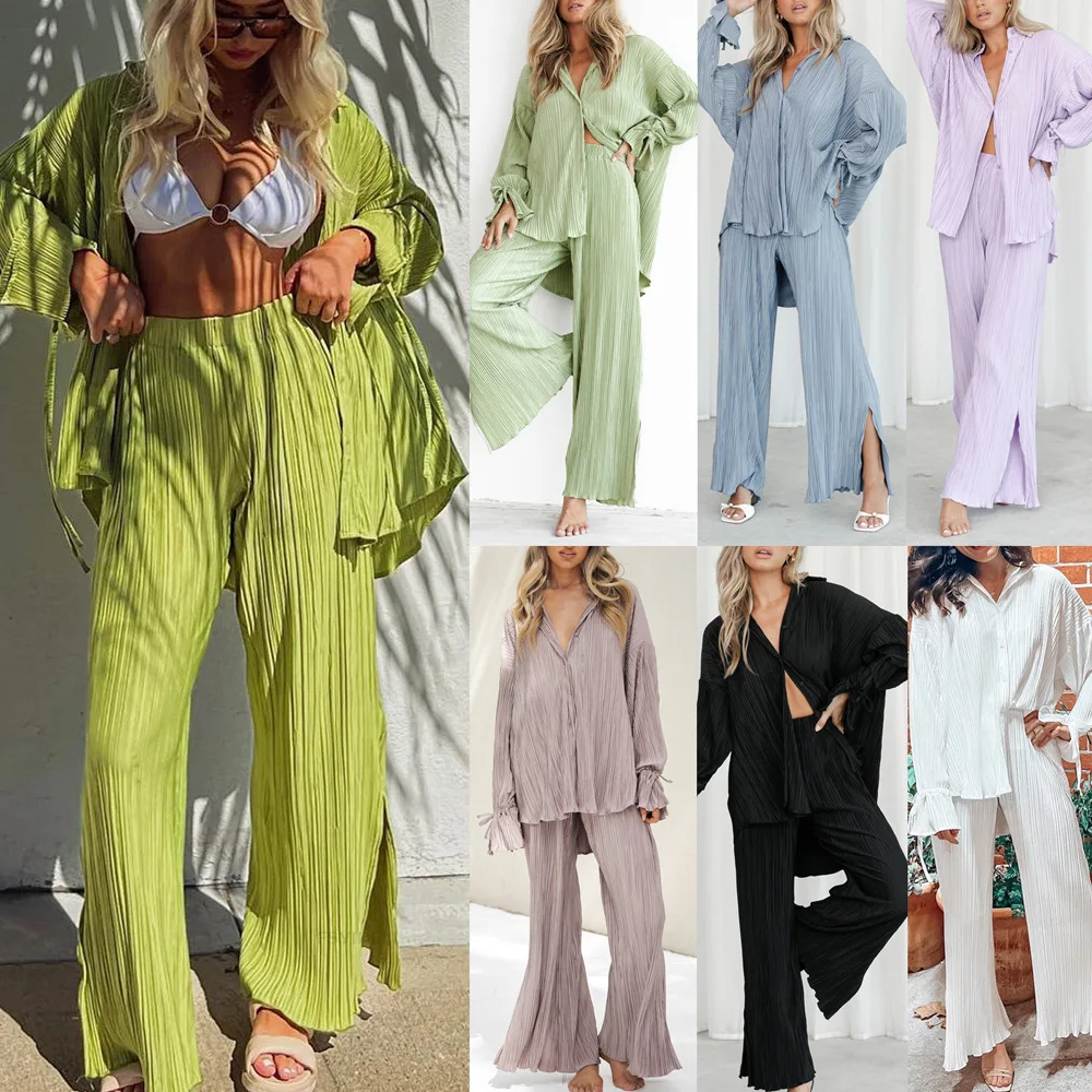 Daeyard Women New Spring Summer Fashion Suit Pleated Shirt Long Sleeve Lapel Cardigan Split Pants 2 Piece Pajamas Set