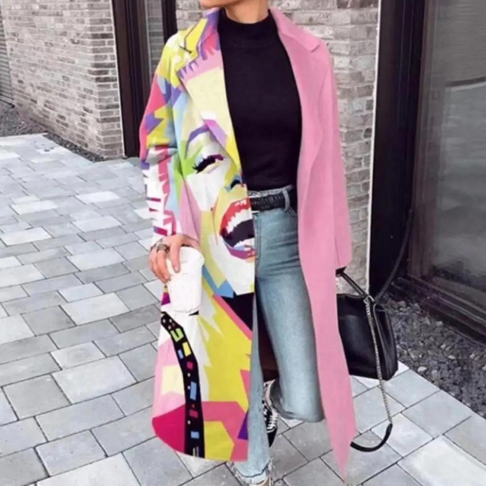 

2023 Casual Lapel Long Sleeve Blend Wool Coats Fashion Portrait Print Women Long Overcoat Winter Elegant Lady Cardigan Outerwear