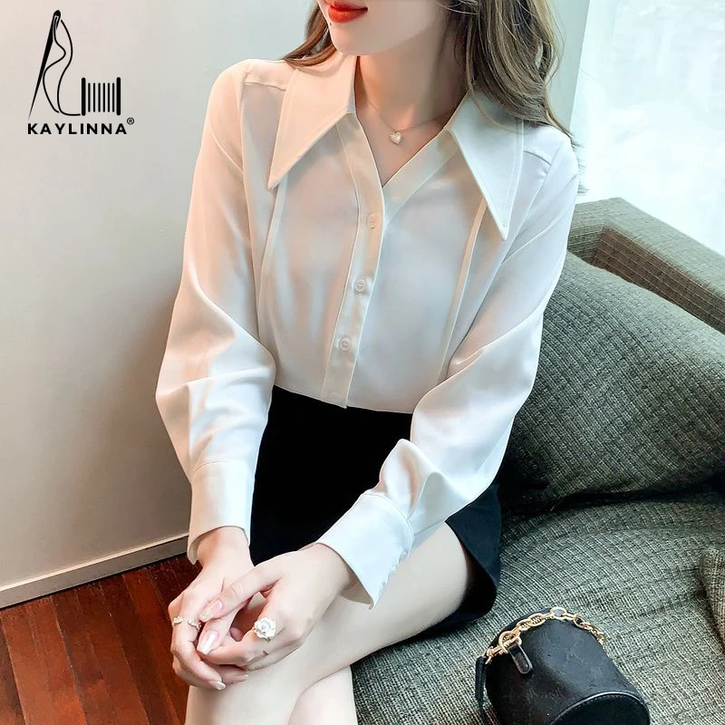 KAYLINNA Fashion 2022 Autumn Button Solid Blouse Women Office Lady Casual Shirts Long Sleeves Woman Blouses Chiffon Shirt Top