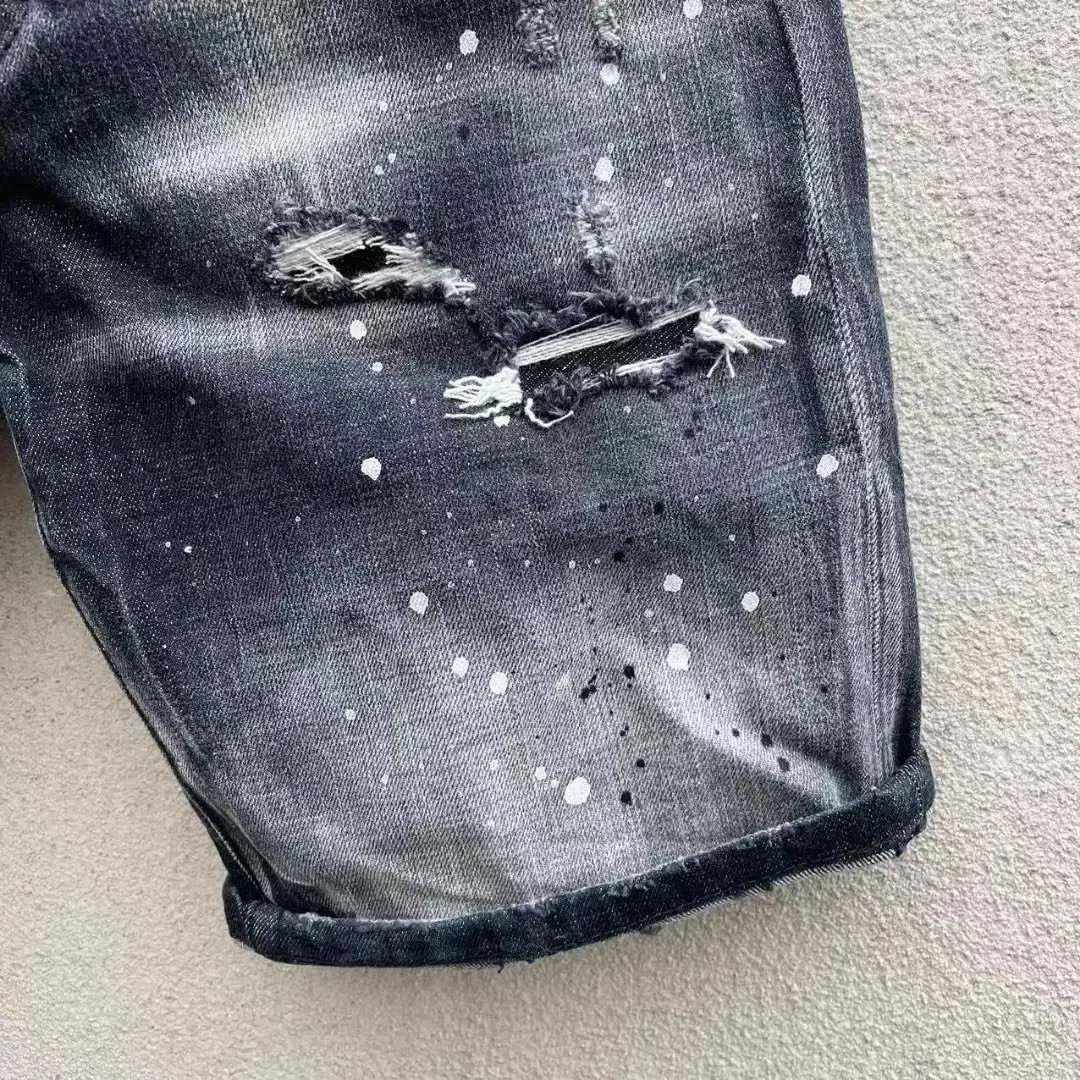 Мужские рваные джинсовые шорты с брызгами в обтяжку
