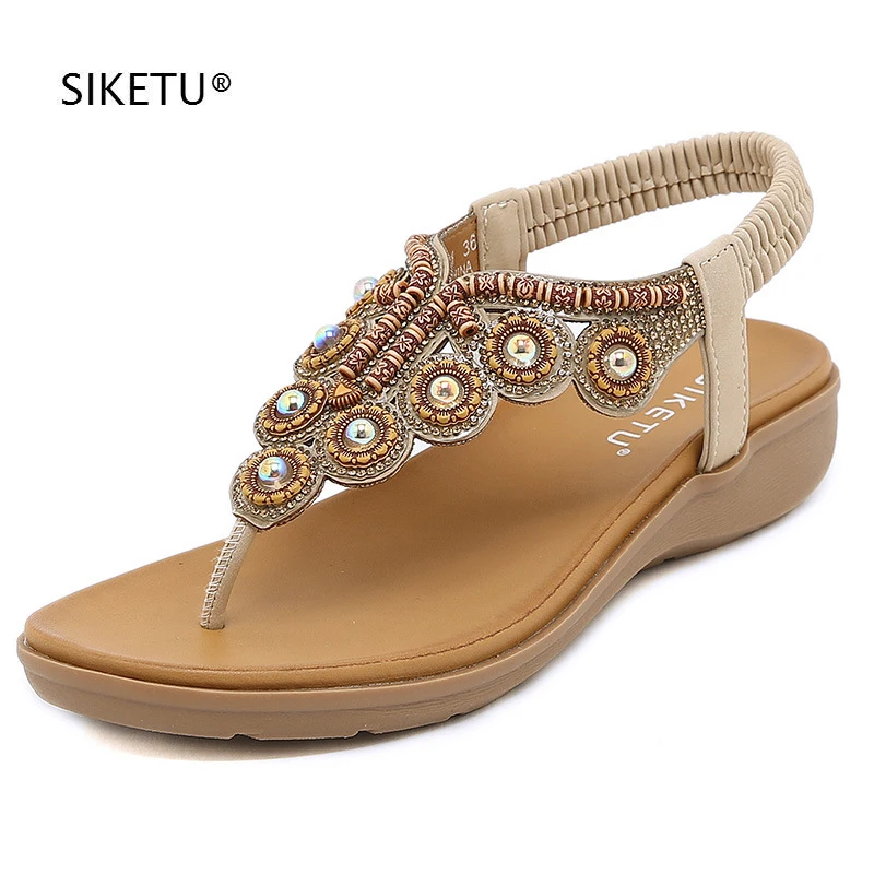 

Богемные женские сандалии, модная пляжная обувь в стиле ретро, дизайнерские мягкие сандалии на резинке с бусинами и застежкой-носком SIKETU, но...