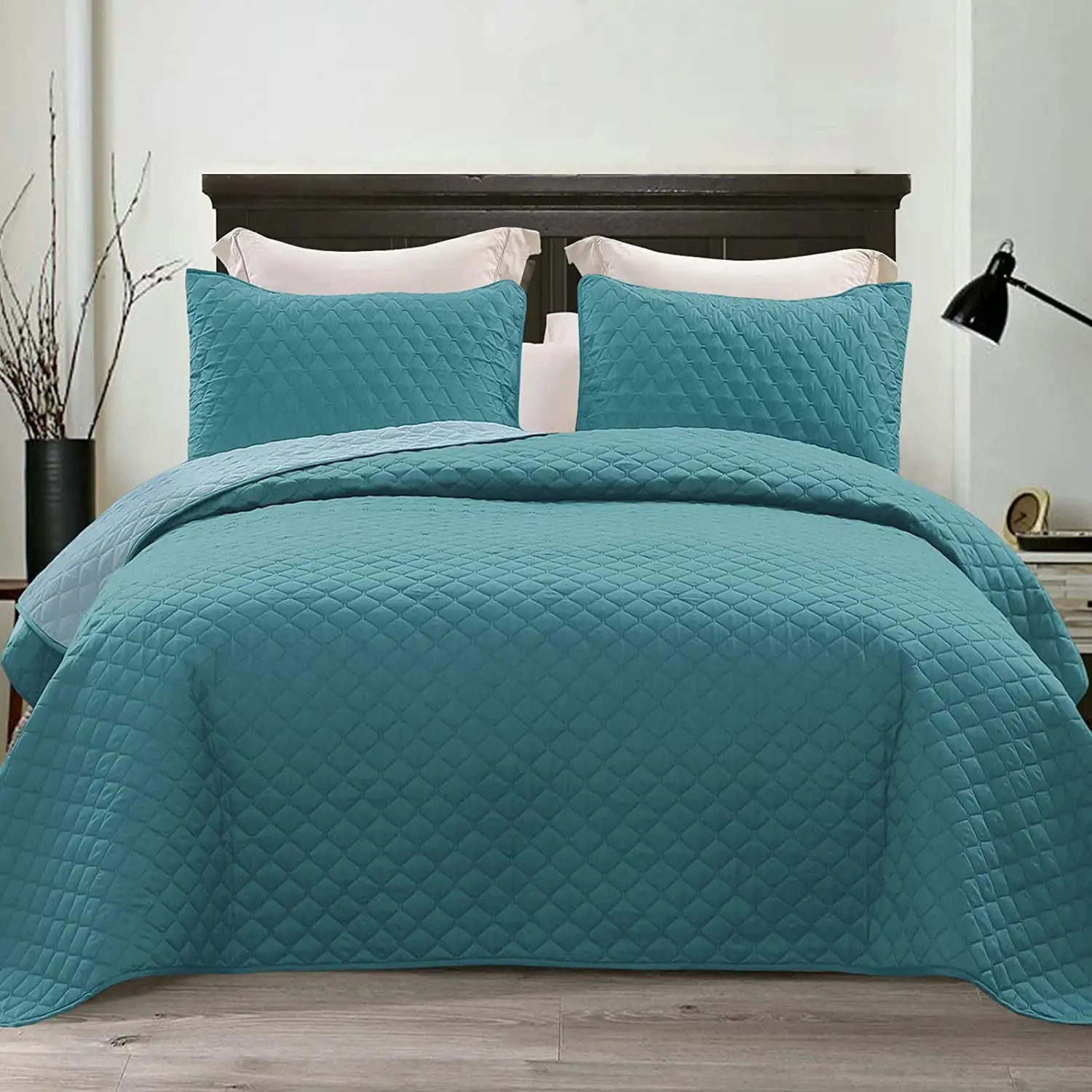 

Ultrasonic Reversible 3-Piece King Size Quilt Set with Pillow Shams Lightweight Bedspread/Coverlet/Bed Cover - (Dusty Teal 92"x1
