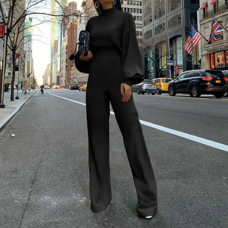 New Turtleneck Jumpsuit Autumn Female Solid Polyester Playsuit Overalls S-XL 3 Color Women Spring Long Sleeve Wide Leg Jumpsuits