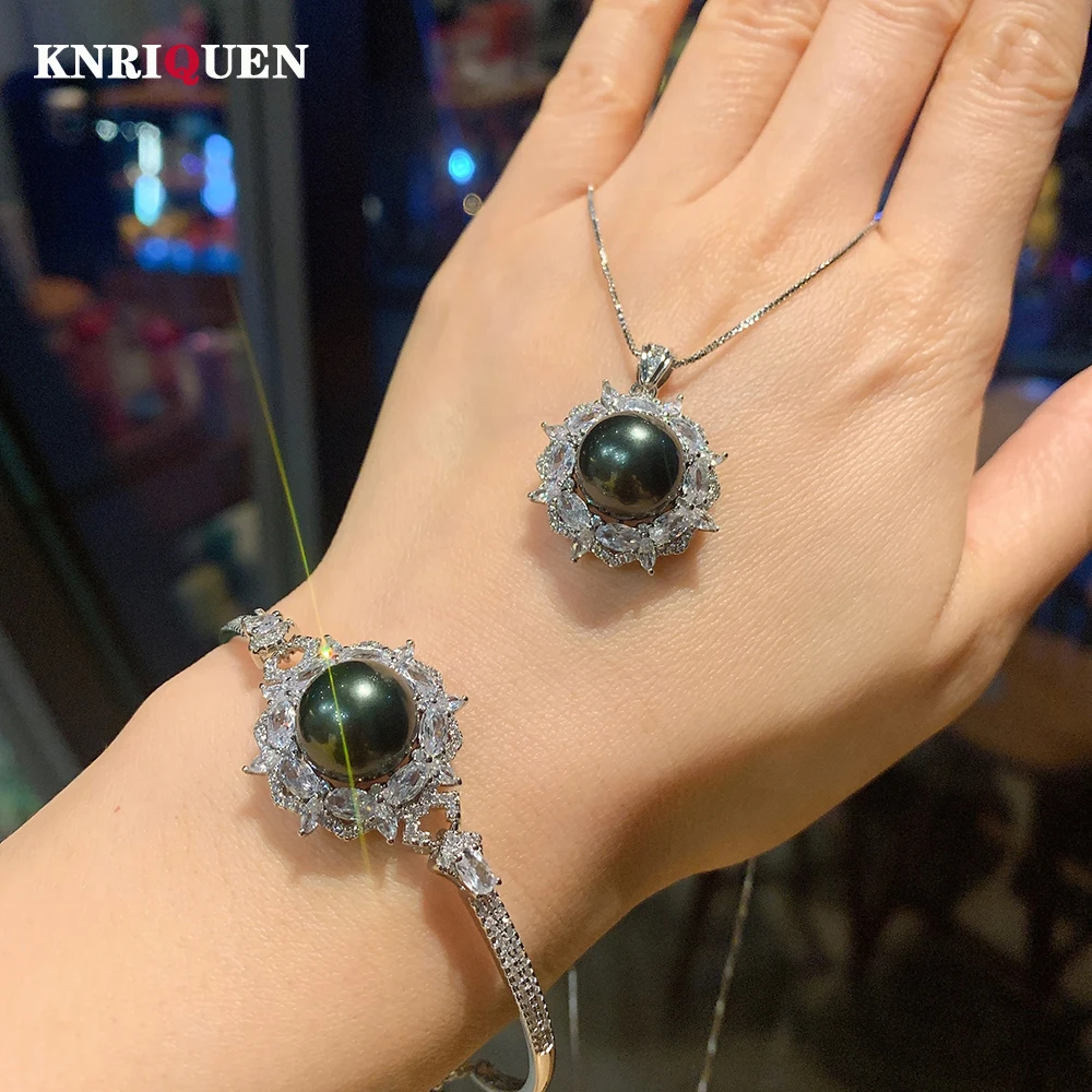 

Charms 925 Sterling Silver 14mm Black Big Pearl Lab Diamond Pendant Necklace Bangles for Women Wedding Party Jewelry Sets Gift