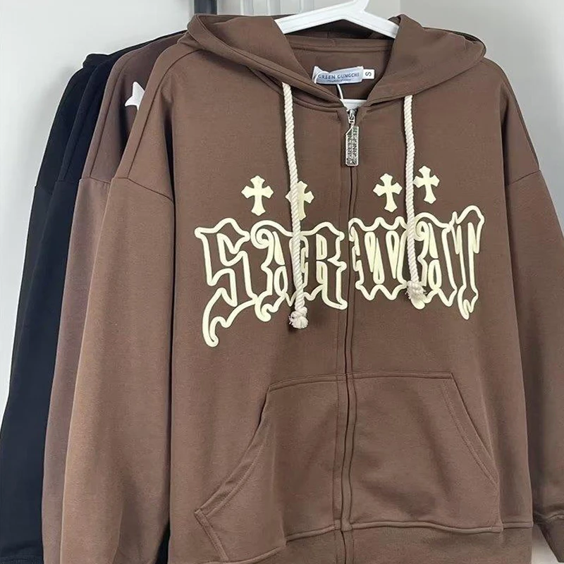 

Y2k Flame Women Hoodies Loose Hooded Cross Casual Pocket High Street Long Sleeve Pocket Harajuku Autumn Winter Fleece Zipper