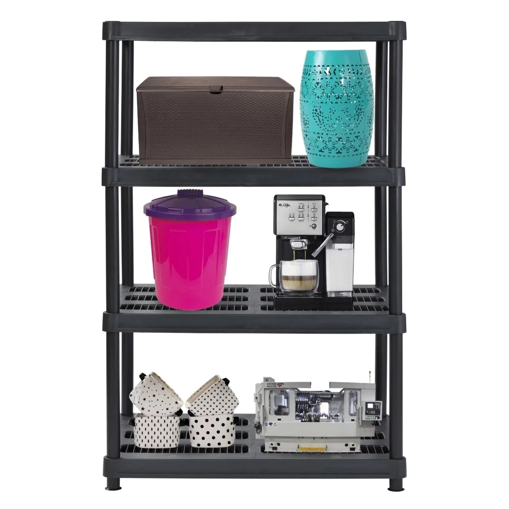 

Black Things for the Home Gadgets Plastic 4-Tier Storage Shelves 56"H X 36"W X 24"D 600lb Total Capacity Shelf Organizer Garden