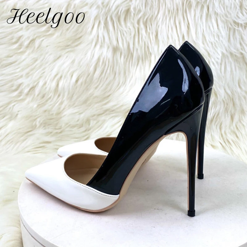 

Heelgoo Patchwork Black White Women Patent Pointy Toe High Heel Shoes Large Size 44 45 46 Ladies Slip On Dress Stiletto Pumps