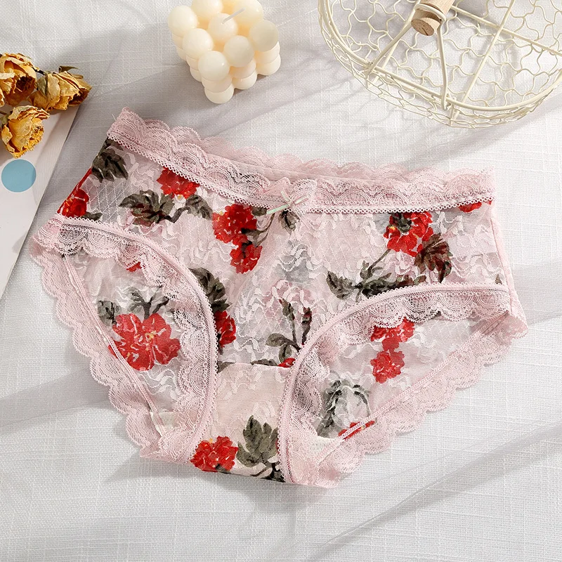 5Pcs Floral Print Ladies Briefs Panties For Women Sexy Underpants Soft Cotton Mid Waist Flower Underwear Panties