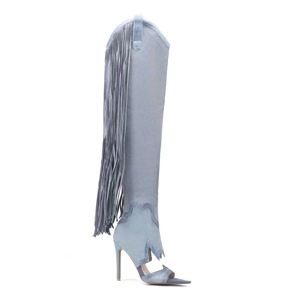 

2023 Summer New Women's High Stiletto Heel Pointed Toe Slip On Over The Knee Boots Sexy Tassel