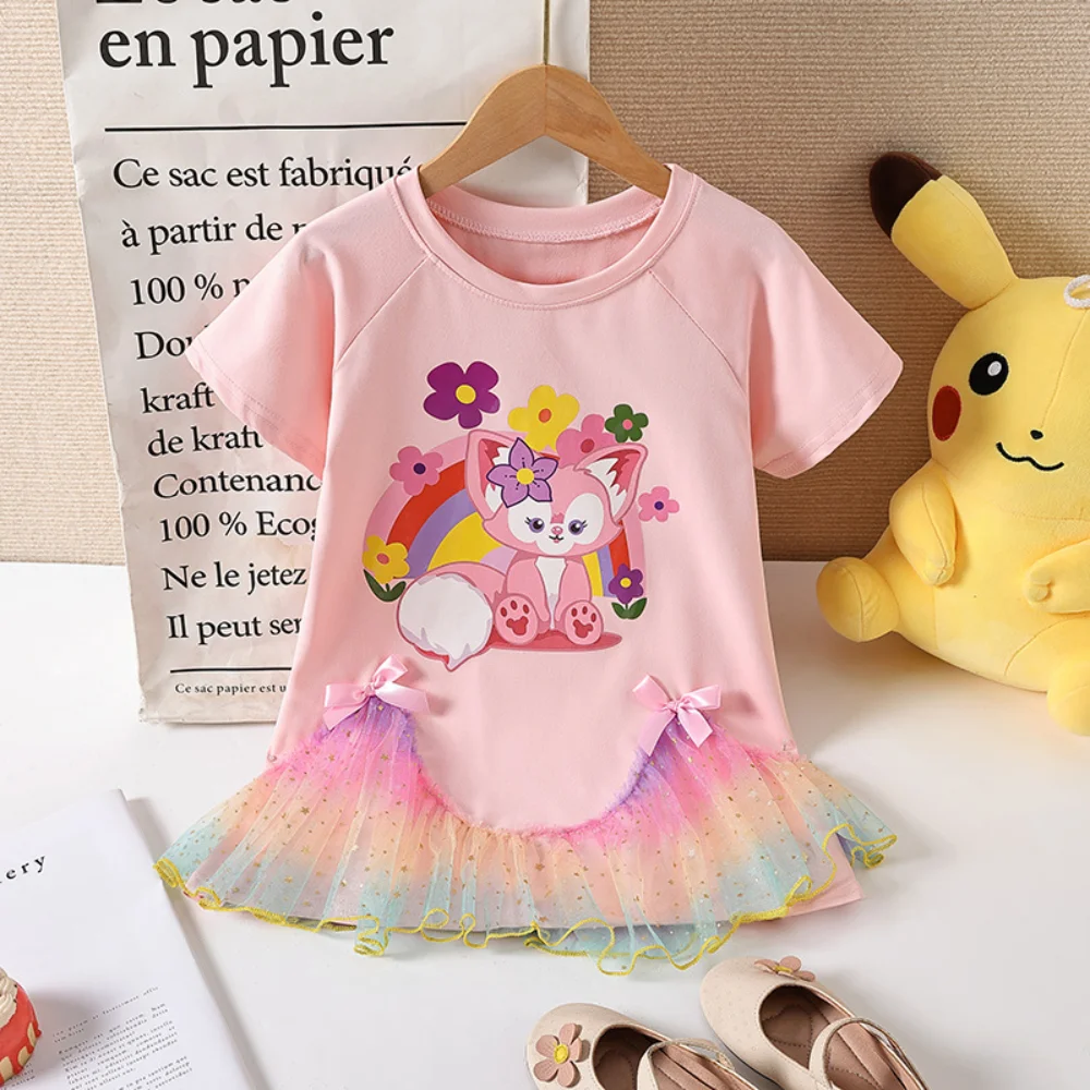 

Girls' Disney LinaBell Short Sleeve Pink T-shirt Dress Summer Baby Kids 2-11 Years Casual Sweet Clothes Mesh Birthday Dresses