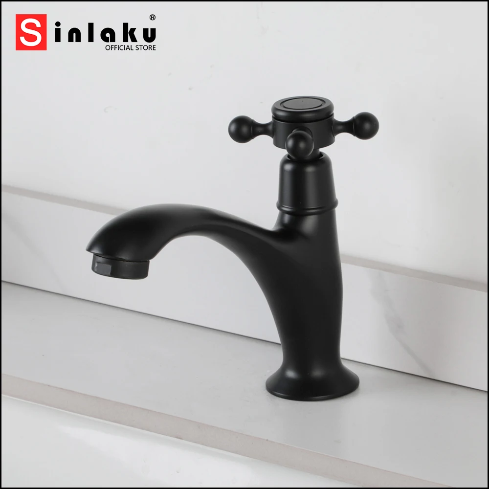 Фото Смеситель для раковины SINLAKU, матовый черный, с одним выходом холодной воды, крестообразная ручка, поворотный механизм, для установки на столешницу №1