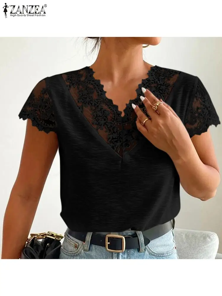 

ZANZEA Summer Women Elegant Lace Blouse Solid V-Neck Short Sleeve Tops Feamle Fashion Vintage Casual Work OL Party Shirt 2022