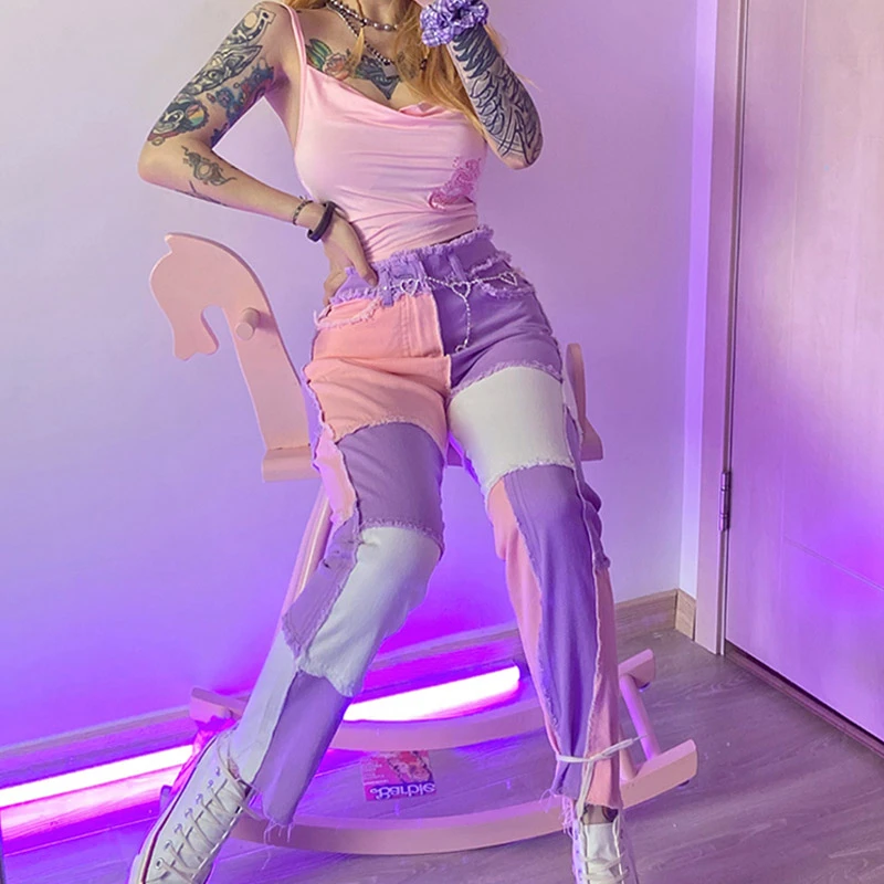 Women High Waist Casual Straight Jean 2023 New Hip Hop Autumn White/Pink Patchwork Demin Pants Ladies Trousers Female Streetwear