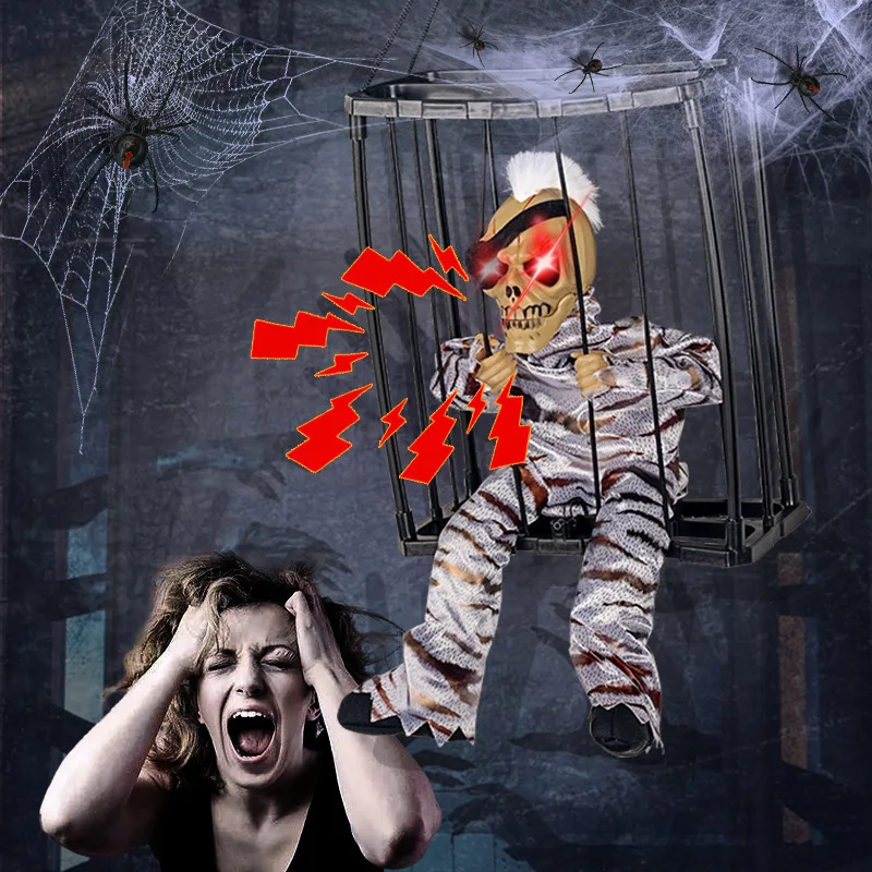 

Screaming Halloween Decorations Scary Skull Cage Prisoner Cage Ghost House Decor Spooky Hanging Ghost Light Up Eyes Decorations