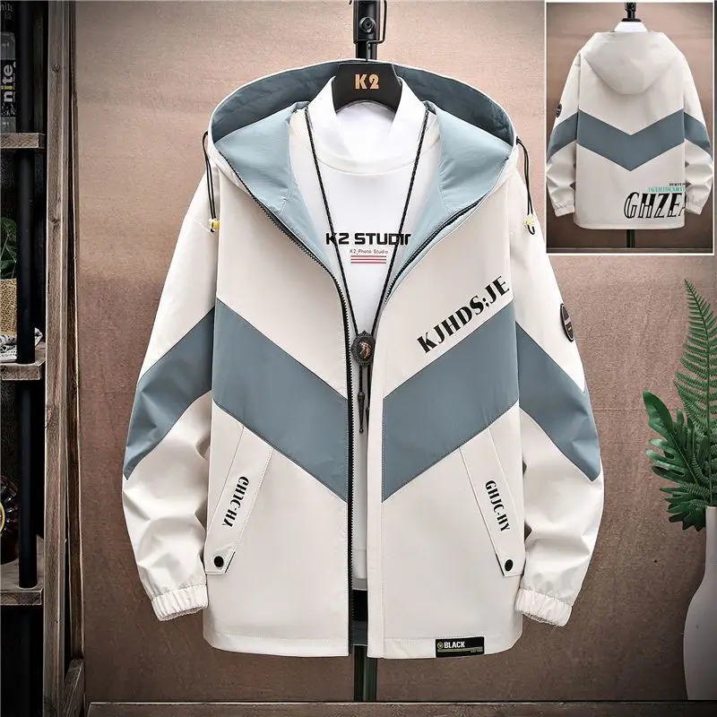 

2023 Spring and Autumn Mid-length Men's Jacket Hooded Zipper Loose Fashion Text Printing with Lining Men Coat Formal Windproof