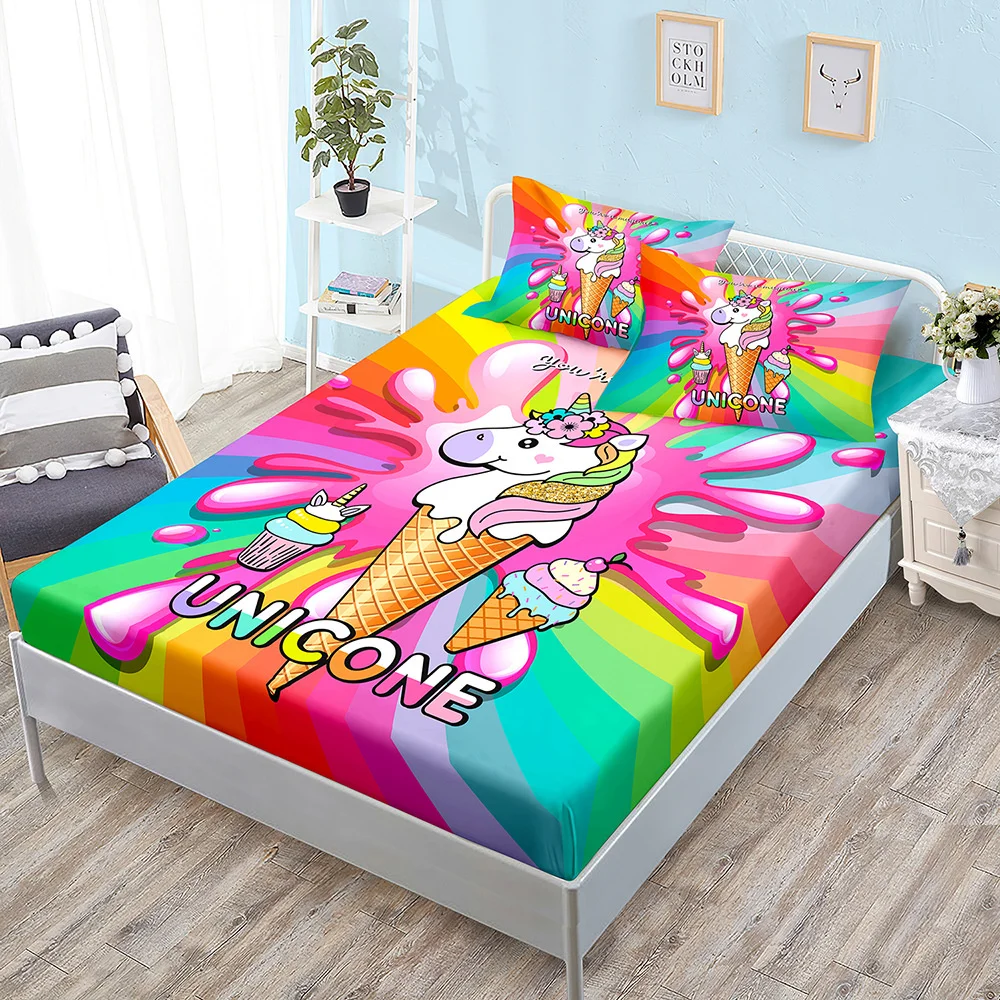 

Rainbow Unicorn Fitted Sheet Bed Mattress Protector Flamingo Bedding Elastic Bed Sheets Kids Bed Cover Twin Full Queen King Size