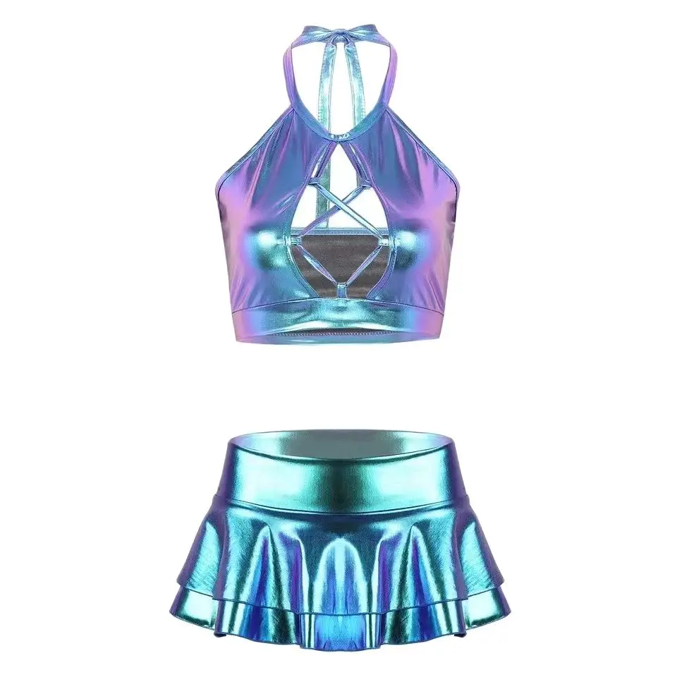 

Metallic Rave Outfits Pole Dance Wear Shiny Carnival Festival Clothing Halter Crop Top Bra Skirt Set Fantasy Nightclub Stage