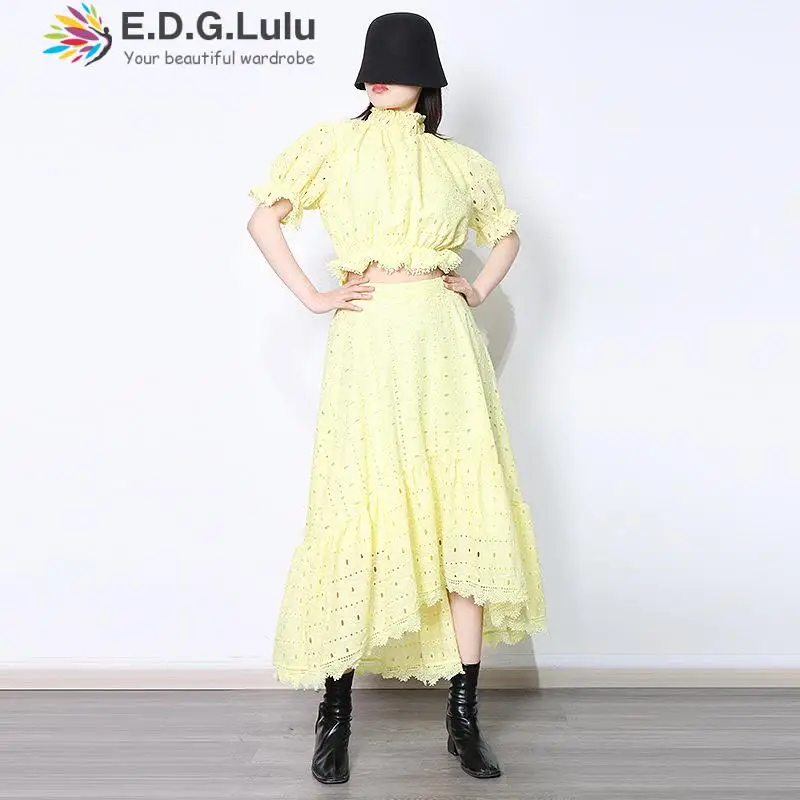 

EDGLuLu Fashion Two Piece Sets Womens Outifits Stand Collar Puff Sleeve Short Top+Irregular Ruffled Dress Yellow Lace Suit 0523