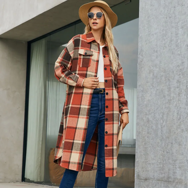 

Women Plaid Coats 2022 Spring Autumn Fashion Streetwear Casual Vintage Jackets Button Overshirt Female Long Outwear Chic Tops